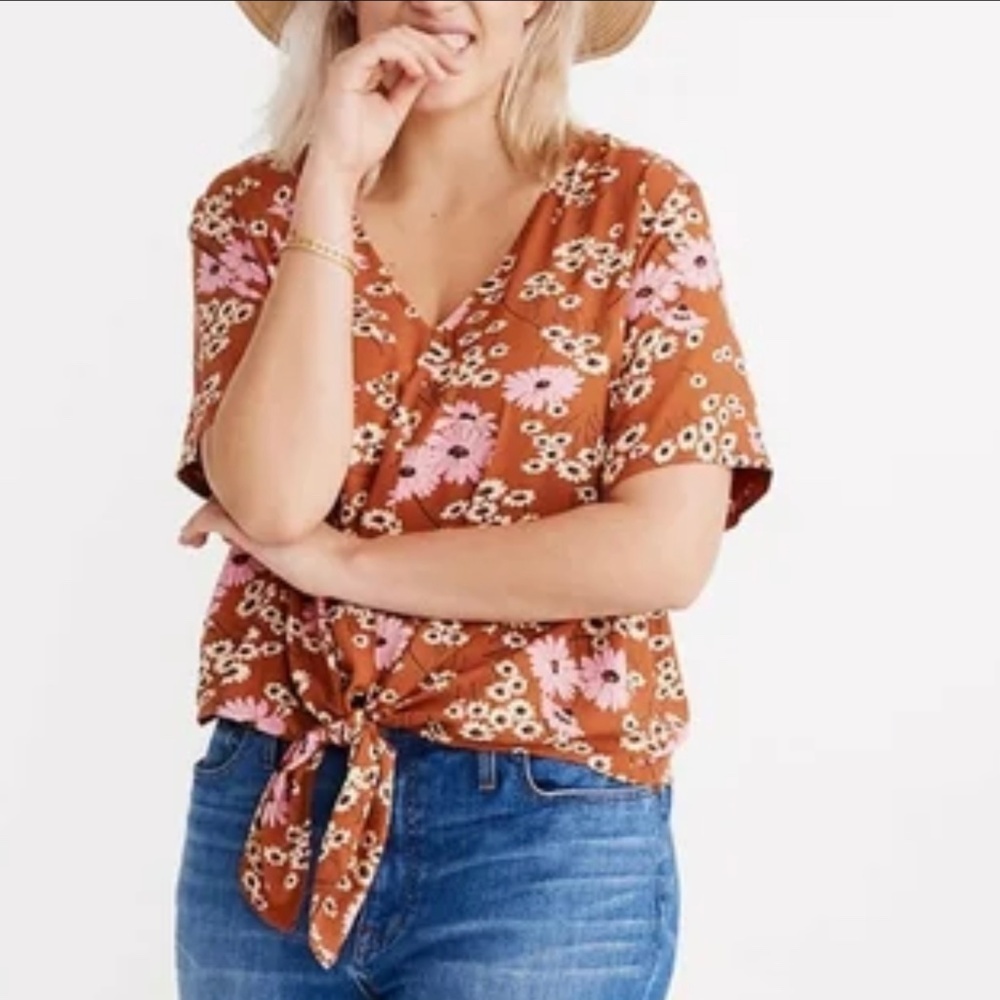 Madewell Hillside Daisies Tie Front Top In Multi‎ Daisy Burnt Clay Boho Size S